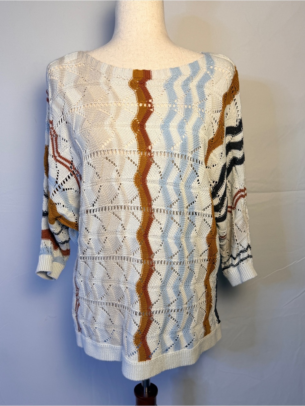 Garnet Hill striped pointelle sweater organic cotton linen brown,blue,and cream